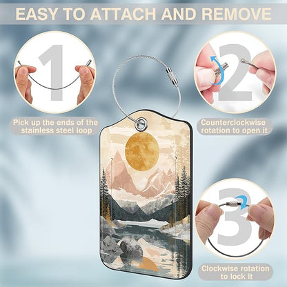 2 Pack Luggage Tags for Suitcases Abstract Pink Mountain Sun Landscape Leather Luggage Tags Privacy Cover ID Label with Stainless Steel Loop and Address Card for Women Men Travel Bag Backpack