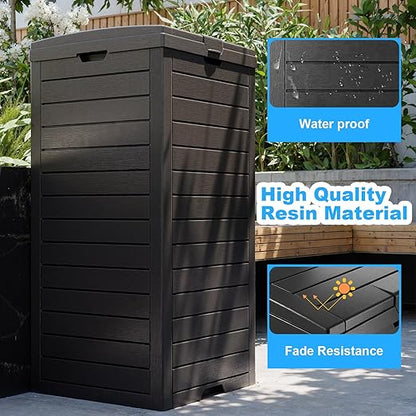 Outdoor Trash Can with Lid, Outdoor Trash Bin & Pull-Out Liquid Drawer, Dual Lid Closure Design, Waterproof Resin Garbage Can Container for Patio, Backyard, Deck (Black, 38Gallon)