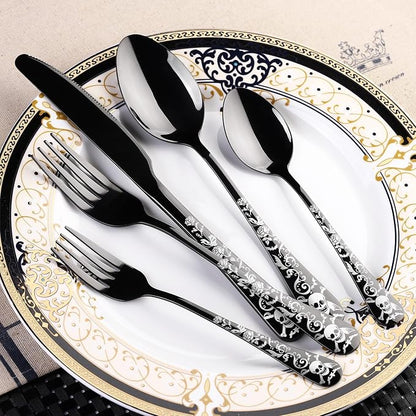 Skull Black Silverware Set for 8, 40-Piece Pirate Rose Flatware Set, Gothic