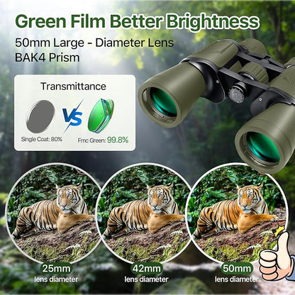 20x50 Hunting Binoculars for Adults High Powered with Low Light Night Vision - 28mm Large Eyepiece Professional Binoculars for Bird Watching Hiking Travel with BAK4 Prism FMC Lens, Green