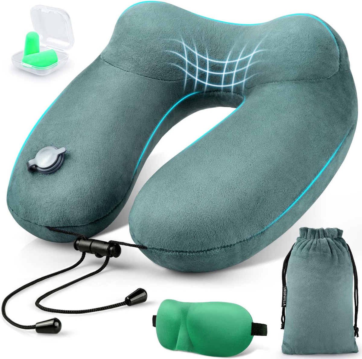urophylla Compact Travel Neck Pillow for Airplanes, Super Soft Velvet Neck Support, Adjustable Firmness, Inflatable Plane Pillow for Long Flights, Road Trips, Travel Essentials with Eye Mask, Earplug