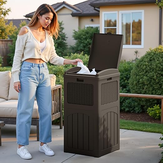 Flamaker 30 Gallon Trash Can, Resin Outdoor Garbage Can with Lid, Waterproof Hideaway Patio Waste Bins for Outside Use (2 Pack, Deep Brown)