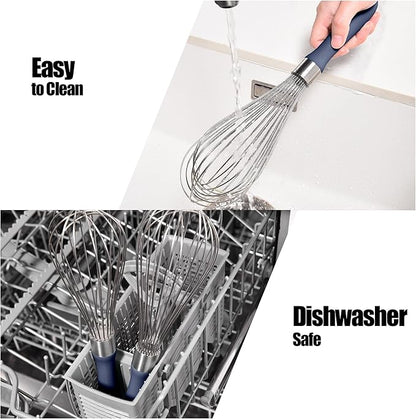 18/8 Stainless Steel Balloon Whisk, Doosu Kitchen Whisk for Cooking Handheld Egg Beater with Rust-Proof Sturdy Wires & Non-Slip Silicone Handle for Beating, Stirring, Blending (12 Wires, Navy Blue)
