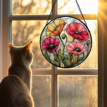 Stained Glass Window Hanging, Red Orange Poppy Birth Flowers Sun Catcher for Door Garden Yard Decor Wildflowers Suncatcher Christmas Mother Birthday Gifts for Women Men Mom Nana 11.8 in