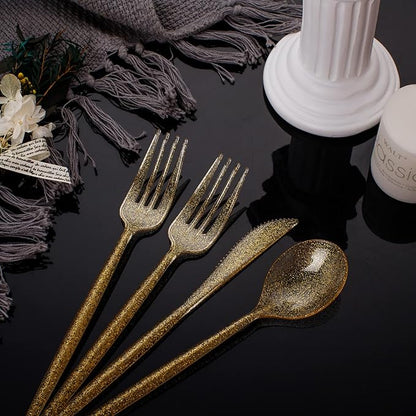 Supernal 180pcs Gold Plastic Silverware Durable Plastic Silverware Gold Glitter Color Party Cutlery Disposable Flatware Heavy Duty Include 60 Forks,60 Knvies,60 Spoons for Wedding,Birthday