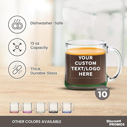 Custom Libbey Clear Glass Coffee Mugs 13 oz. Set of 10, Personalized Bulk Pack - Perfect for Coffee, Tea, Espresso, Hot Cocoa, Other Beverages - Green Bottom