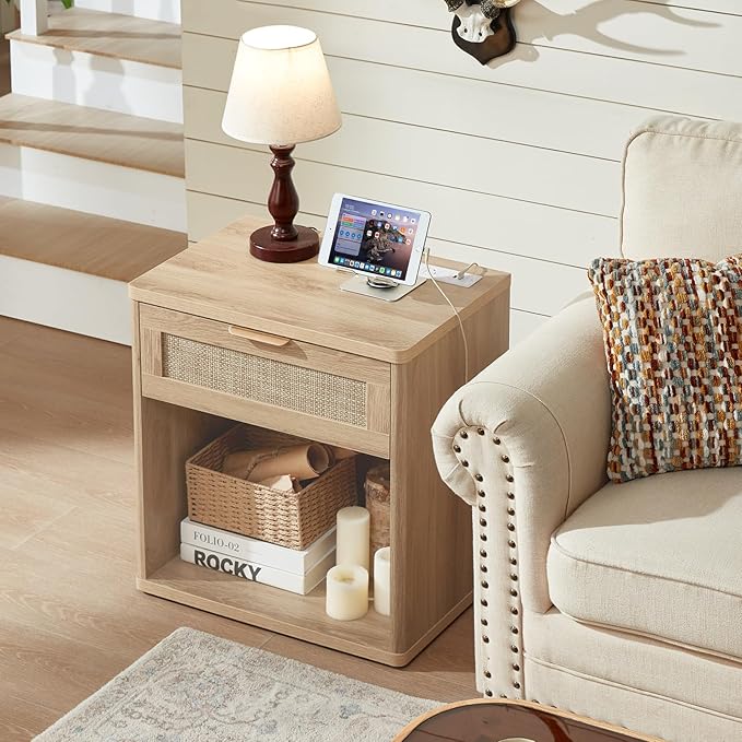 LEYAOYAO Rattan Nightstand with Charging Station, 23" Wide Boho Night Stand with Drawer, Natural Wood Bedside Table Open Storage Cabinet, Bed Side End Tables Dresser for Bedroom, Living Room, Hallway