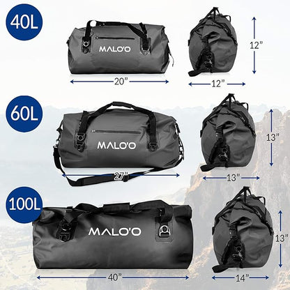 Malo'o Waterproof Dry Bag Duffel 40L/60L/100L, Roll Top Duffel Keeps Gear Dry for Kayaking, Rafting, Boating, Swimming, Camping, Hiking, Beach, Fishing - Internal & External Pockets
