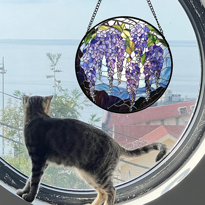 Stained Glass Window Hanging, Wisteria Flower Sun Catcher for Door Home Decor Purple and Blue Suncatcher Christmas Mother's Day Birthday Gifts for Women Men Mom and Nana 15 in