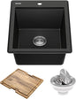 KRAUS Bellucci 18-inch Granite Workstation Drop In Top Mount Single Bowl Kitchen Sink in Metallic Black with Accessories, KGTW12-18MBL