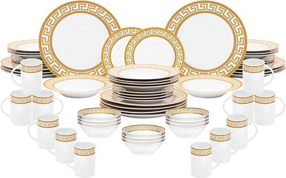 60 Piece Porcelain Dinnerware Sets – Service for 12 Plates, Mugs, Bowls – White with Gold Greek Key Design Dish Set for Kitchen Table, Everyday Dining or Formal Occasions (Meander Gold)