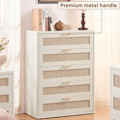 LEYAOYAO White Dresser for Bedroom, 41" Tall Chest of Drawers, Modern 5 Drawers Boho Rattan Dressers with Storage, Dresser Wooden Closet Organizer for Living Room, Hallway