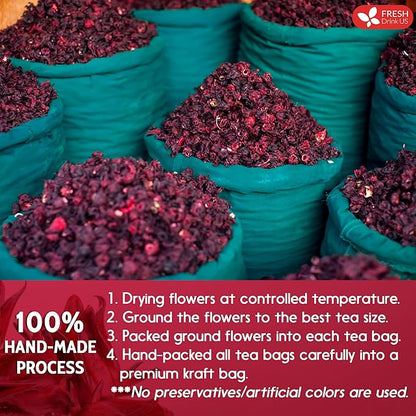 FreshDrinkUS, Premium 60 Hibiscus Flowers Tea Bags, 100% Natural & Pure, Loose Flower Herbal Tea. No Sugar, No Caffeine, No Gluten, Vegan. Great To Drink Hot Or Ice Tea