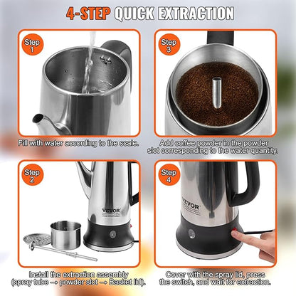 VEVOR 12-Cup Electric Percolator Coffee Pot, 304 Stainless Steel Body Coffee Percolator with Keep Warm Function & Heat-Resistant Handle, Classic Coffee Maker, Quick Brew & Easy-Pour Spout, Silver