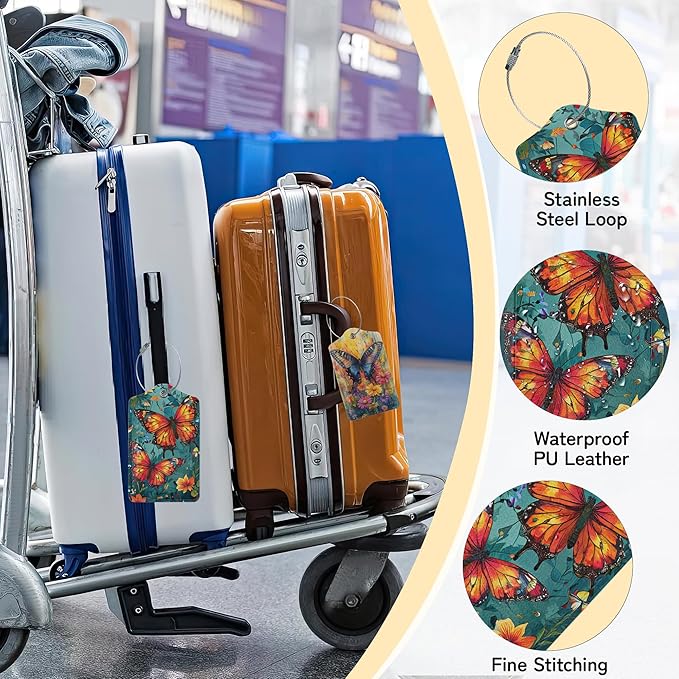 3 Pack Vintage Butterfly Wildflower Luggage Tags for Suitcases,Cute Leather Name Tag with Privacy Cover with Stainless Steel Loops, Travel ID Bag Tags for Women Men