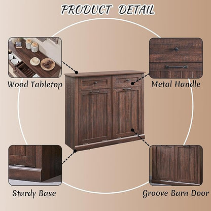 Double Tilt Out Laundry Hamper Cabinet, 20 Gallon Farmhouse Trash Can Cabinet with Drawer, Hidden Wood Garbage Can Bin Cabinet with Laundry Storage Basket for Bathroom, Kitchen, Brown