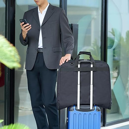 Amazon Basics 43" Premium Garment Bag for Travel, Suit Bag with Shoulder Strap for Suits and Dresses, 1680D Polyester Fabric, Exterior/Interior Pockets, Leather-reinforced Corners, Trifold, Black