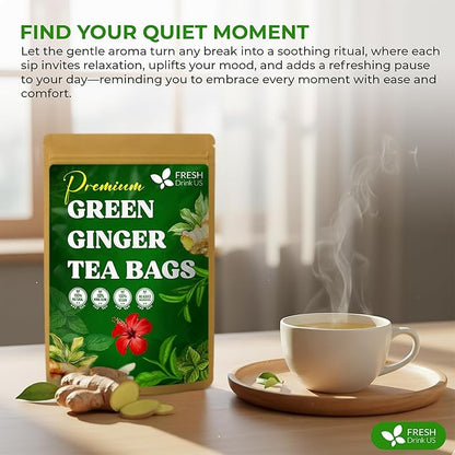 FreshDrinkUS, Premium Green Ginger Tea | 75 Tea Bags | Sencha Green Tea with Ginger, Lemongrass, Turmeric, Hibiscus & Peppermint | Natural Herbal Blend | Comfort & Refreshing, Vegan