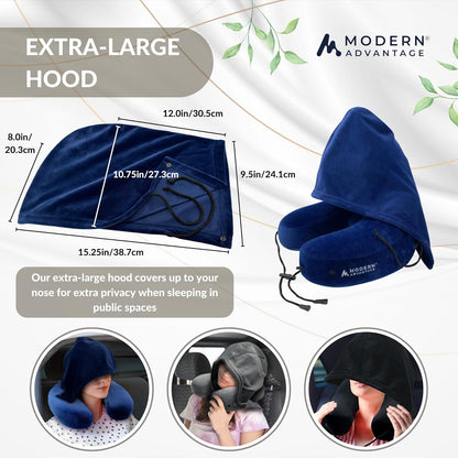 Modern Advantage Inflatable Travel Pillow for Airplanes – Hooded Neck Pillow with Adjustable Support – Comfortable, Compact & Travel-Friendly – Perfect for Sleeping on Long Flights (Blue)