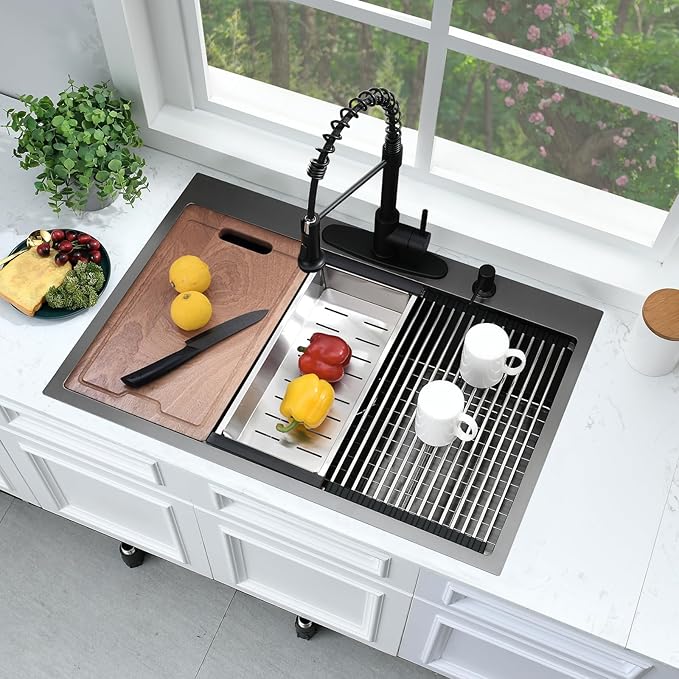 33 Inch Black Drop In Kitchen Sink Workstation-Bokaiya 33x22 Black Stainless Steel Kitchen Sinks Top Mount Ledge Workstation 16 Gauge 10" Deep Single Bowl Kitchen Sink with Cutting Board