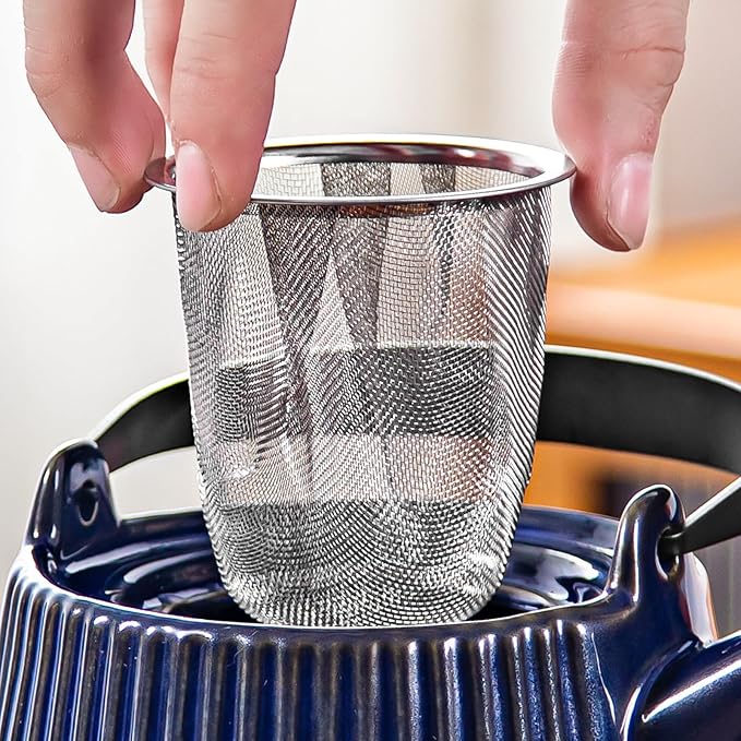 Yundu Deep Blue Ceramic Teapots, 1000ml/33.8oz Tea Kettle, Enough for 4 Cups, Tea pot with infusers for loose tea, Striped Tea Pot with Removable Tea infuser