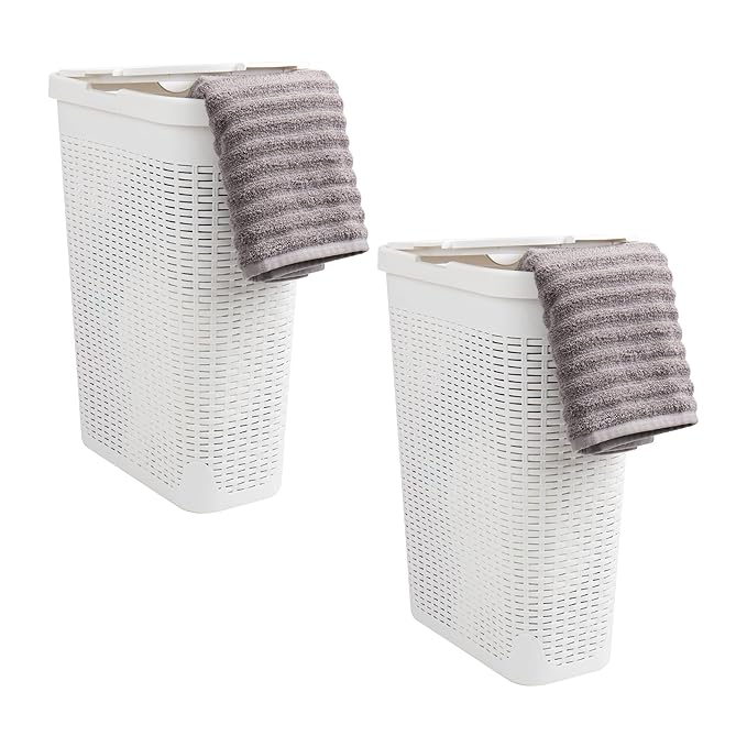 Mind Reader Slim Laundry Hamper with Lid, 40L Clothes Basket, Premium Wicker Design, Plastic, Set of 2, White