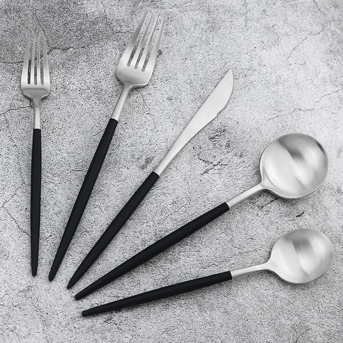 Gugrida Black Handle Matte Silver Silverware Set - 5-Piece 18/10 Stainless Steel Satin Finish Flatware, Kitchen Utensils, Tableware Travel Cutlery for Camping Office Lunch - Dishwasher Safe