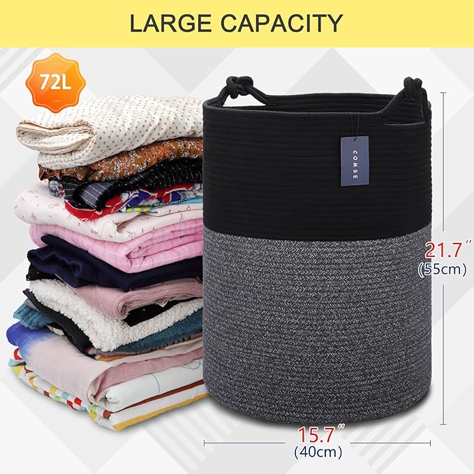 COMSE Extra Large Blanket Basket, Tall Woven Storage Basket, Nursery Hamper, 15.7”x 21.7”, Cotton Rope Laundry Hamper for Toys Clothes Towels, Black
