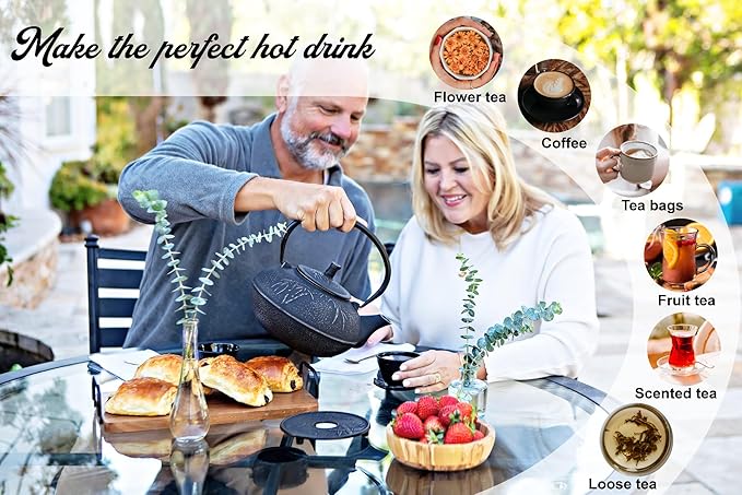 XXL Japanese Cast Iron Teapot with Infuser & Matching Trivet - Large 85 Oz/2500ml Tetsubin Loose Leaf Tea Pot with Enamel Interior - Handcrafted Big Cast Iron Tea Kettle Humidifier Set - Black
