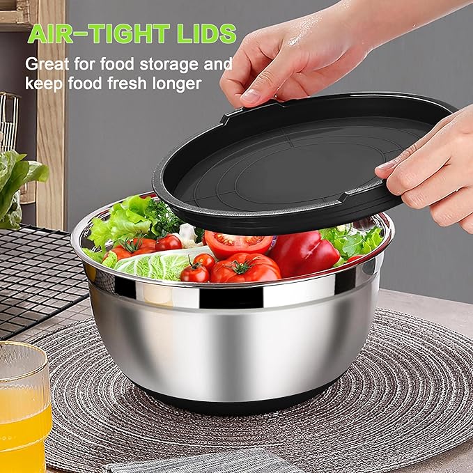 LIANYU Stainless Steel Nesting Mixing Bowls Set of 6 with Airtight Lids, Size 7, 3.5, 2.5, 2, 1.5, 1QT, Large Metal Bowls for Baking Cooking Food Storage, Non-slip Bottom, Black