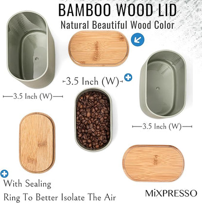 Mixpresso Olive Green Canisters Sets for the Kitchen – 3-Piece Airtight Plastic Sugar Container Set with Bamboo Lids in Three Different Sizes – Decorative Modern Storage Jars for Coffee &Tea