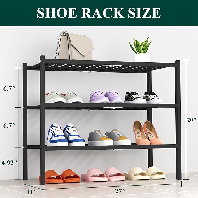Smiry Shoe Rack, 3 Tier Thick Bamboo Shoe Organizer, Stackable Free Standing Wooden Shoe Storage Shelf for Closet, Entryway, Front Door Entrance, Black