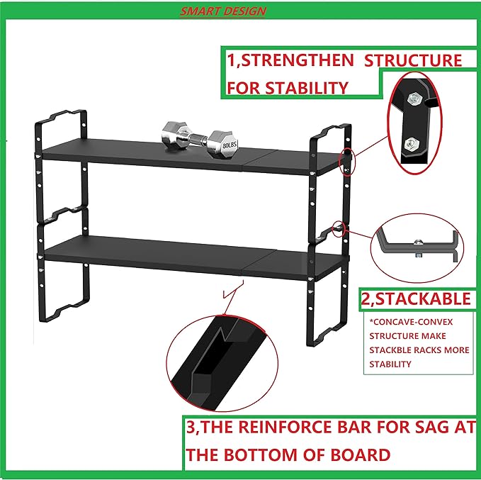 Expandable Shelf for Cabinet Organizer Adjustable Stackable Spice Rack at Kitchen and Bathroom More, Counter Countertop Cupboard Organization Pantry Storage(MEDIUM/3PACKS/BLACK)