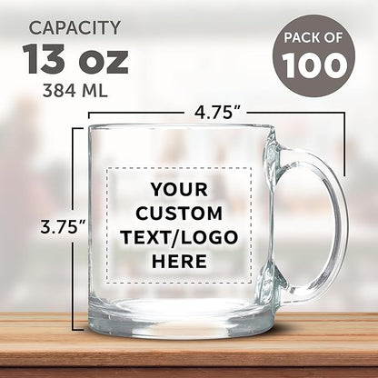 Custom Libbey Clear Glass Coffee Mugs 13 oz. Set of 100, Personalized Bulk Pack - Perfect for Coffee, Tea, Espresso, Hot Cocoa, Other Beverages - Clear Bottom