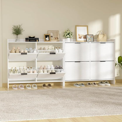White Shoe Storage Cabinet for Entryway with 4 Flip Drawers, Narrow Wood Shoe Rack Cabinet,Hidden Slim Shoe Storage Freestanding Shoe Organizer Cabinet for Hallway