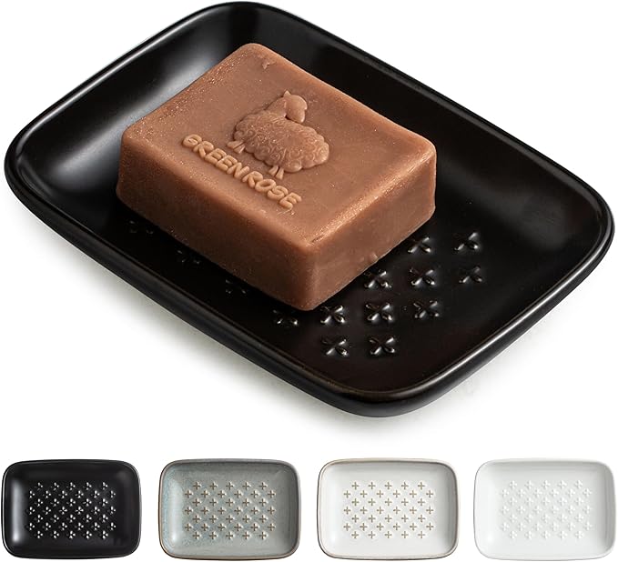 Gomakren Soap Dish, Shower Soap Holder, Ceramic Soap Dishes for Bar Soap Sponge Shampoo, Christmas Soap Saver Tray for Bathroom Kitchen Sink Counter, 5.5 Inch, Black