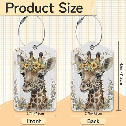 Cute Giraffe Luggage Tags for Suitcase,3 Pack Funny Luggage Tag Leather Privacy Cover ID Label with Stainless Steel Loop for Women Men