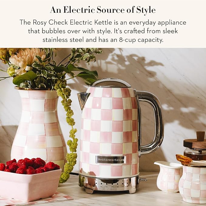 MACKENZIE-CHILDS Electric Kettle, Stainless-Steel Tea Kettle, Pink-and-White Rosy Check