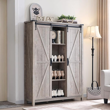 OKD Storage Cabinet with 2 Sliding Door, 7-Tier 62" Tall Farmhouse Entryway Shoe Cabinet, Freestanding Rustic Hidden Shoe Organizer for Entryway, Light Rustic Oak