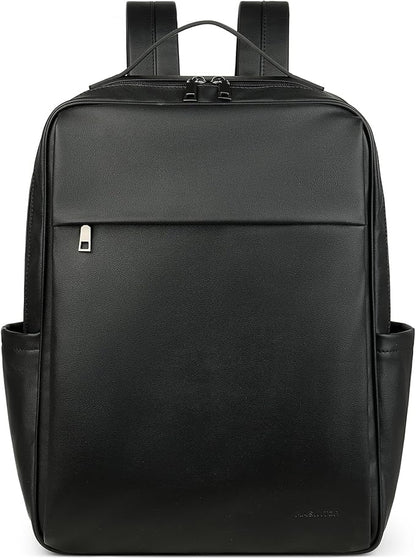 MASINTOR 15.6 inch PU Leather Laptop Backpack Purse for Women, Large College Casual Backpack Travel Bag Black