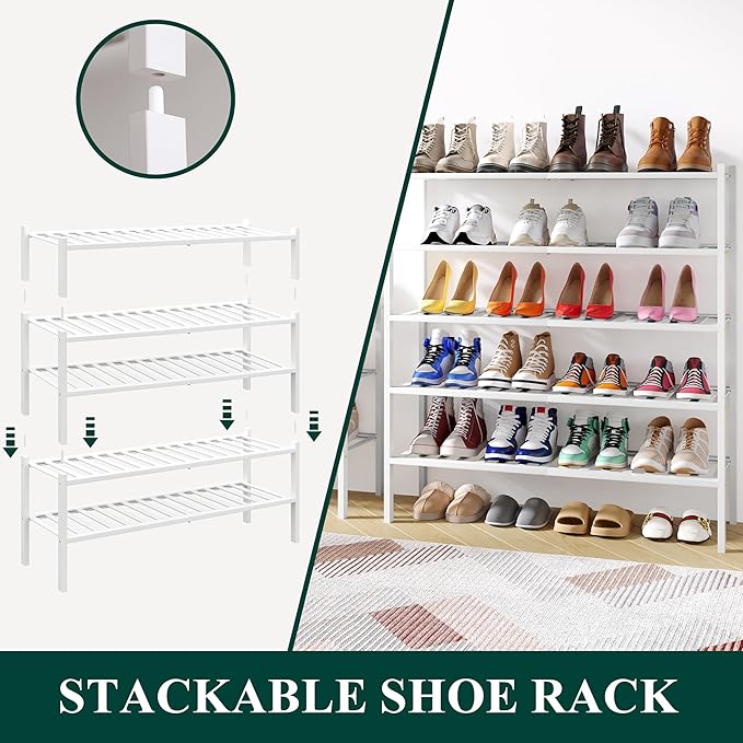 Smiry Shoe Rack, 3 Tier Long Bamboo Shoe Organizer, Stackable Free Standing Wooden Shoe Storage Shelf for Closet, Entryway, Front Door Entrance, White