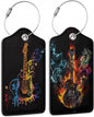 2 Pack Luggage Tags with Colorful Guitar for Suitcases, Burning Electric Guitar PU Leather Luggage Tag Accessories Privacy Cover ID Label with Stainless Steel Loop for Travel Bag for Women Girls