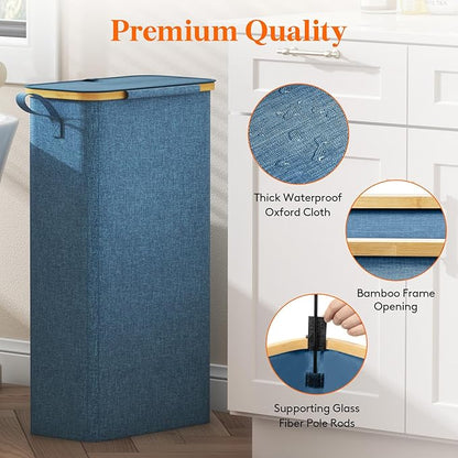 Lifewit 65L Slim Laundry Hamper with Lid, Narrow Laundry Basket with Removable Bag & Bamboo Handles, Fodable Thin Dirty Clothes Hamper for Laundry Collapsible Bin for Bathroom Bedroom Dorm, Dark Blue