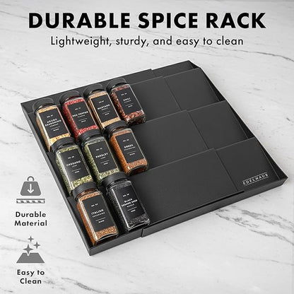 Spice Drawer Organizer - Expandable Spice Rack for Drawer, Black Seasoning Organizer for Drawer Spice Organizer, Spice Organization Seasoning rack insert for Cabinet (Jars Not Included)