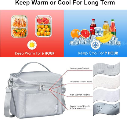 NOL Natural Organic Lifestyle Insulated Lunch Bags for Women Cooler Bag Lightweight Nylon Waterproof Lunch Box For Work (Silver, Medium(normal))