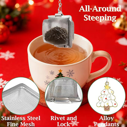 Christmas Themed Tea Infuser Set, 2 PCS Cubic Tea Strainers for Loose Leaf Tea, Reusable Stainless Steel Mesh Tea Ball, Tea Steeper with Christmas Tree and Love House Pendant