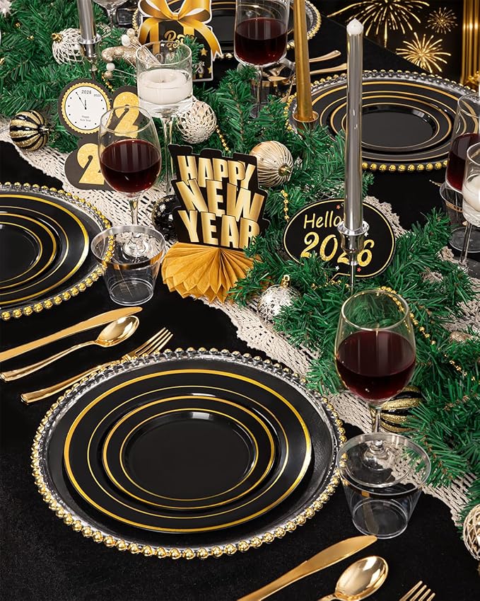 bUCLA 600PCS Black and Gold Disposable Dinnerware Set - Black Plastic Plates Disposable for Party Include 100 Dinner&100 Dessert Plates,100 Knives,100 Forks,100 Spoons,100 Cups for Party & New Year