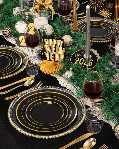 bUCLA 300PCS Black and Gold Disposable Dinnerware Set - 50 Guests Black Plastic Plates with Gold Rim Include 50 Dinner / 50 Dessert Plates, 50 Forks,50 Knives,50 Spoons&50 Cups for Party&New Year