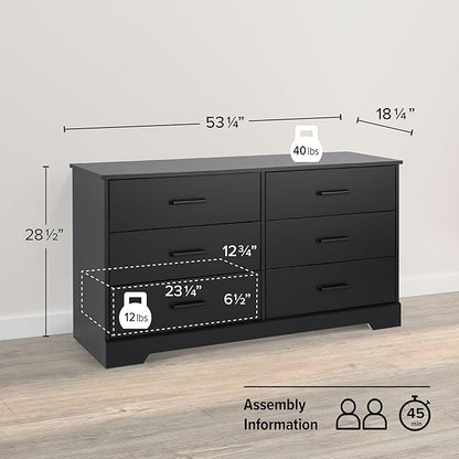 Prepac Rustic Ridge Farmhouse 6-Drawer Double Dresser, Black Dresser for Bedroom, Chest of Drawers with 6 Storage Drawers, 53.25” wide x 18.25” deep x 28.5” tall, Black