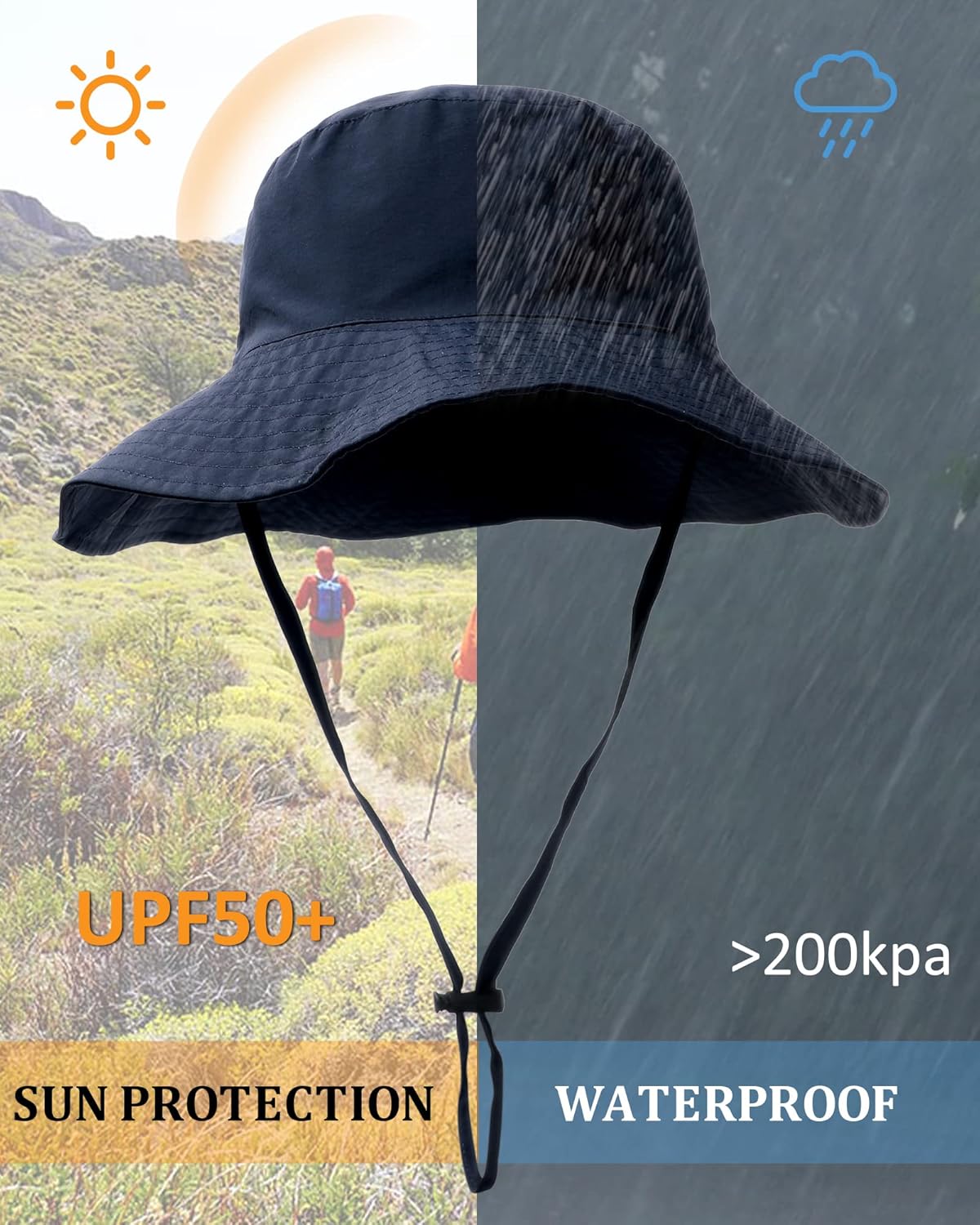 Water-Resistant Sun UPF 50+ Bucket Hat Protection Packable Brimmed Boonie for Women Men Summer Lightweight Hiking Outdoor Cap